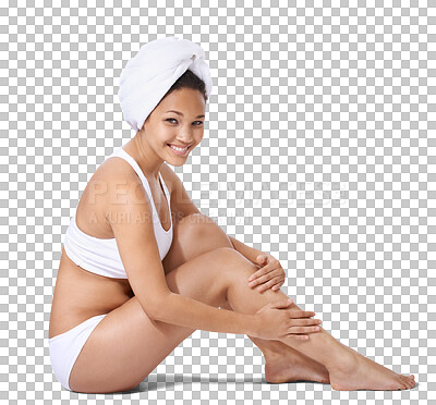 Buy stock photo Portrait, smile and woman depilation, legs cleaning routine or happy for morning skincare, hygiene or self care. Bathroom, hair removal and person grooming isolated on transparent, png background