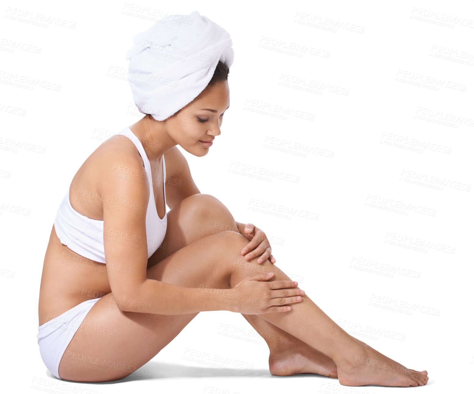 Buy stock photo Skincare, touch and woman epilation, legs cleaning and results of morning beauty, hygiene or shower. Bathroom, body hair removal and relax person grooming isolated on transparent, png background