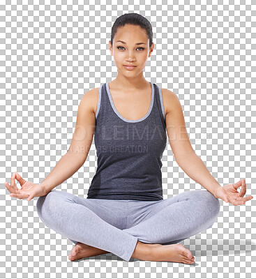 Buy stock photo Woman, portrait and yoga in relax for meditation, zen or spiritual wellness isolated on a transparent PNG background. Calm female person or yogi in lotus for healthy mind, body and fitness exercise