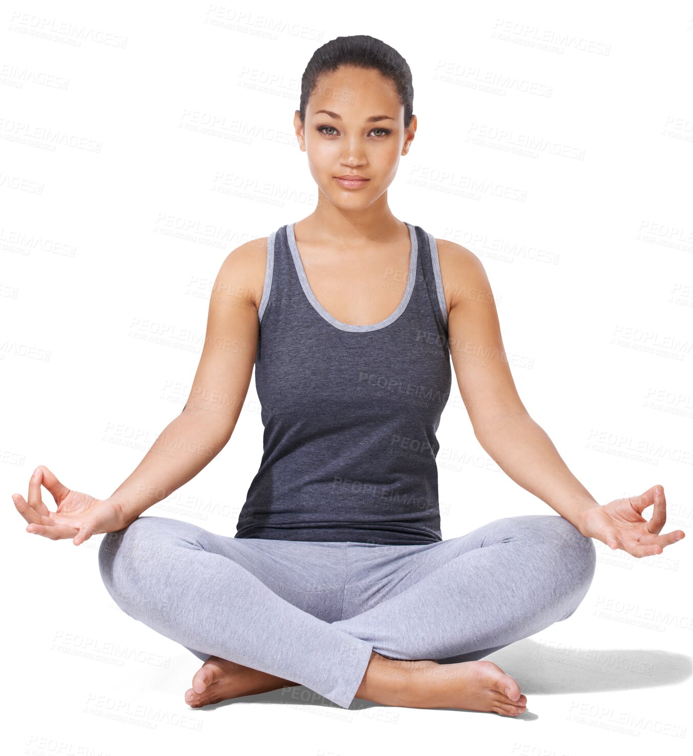 Buy stock photo Woman, portrait and yoga in relax for meditation, zen or spiritual wellness isolated on a transparent PNG background. Calm female person or yogi in lotus for healthy mind, body and fitness exercise