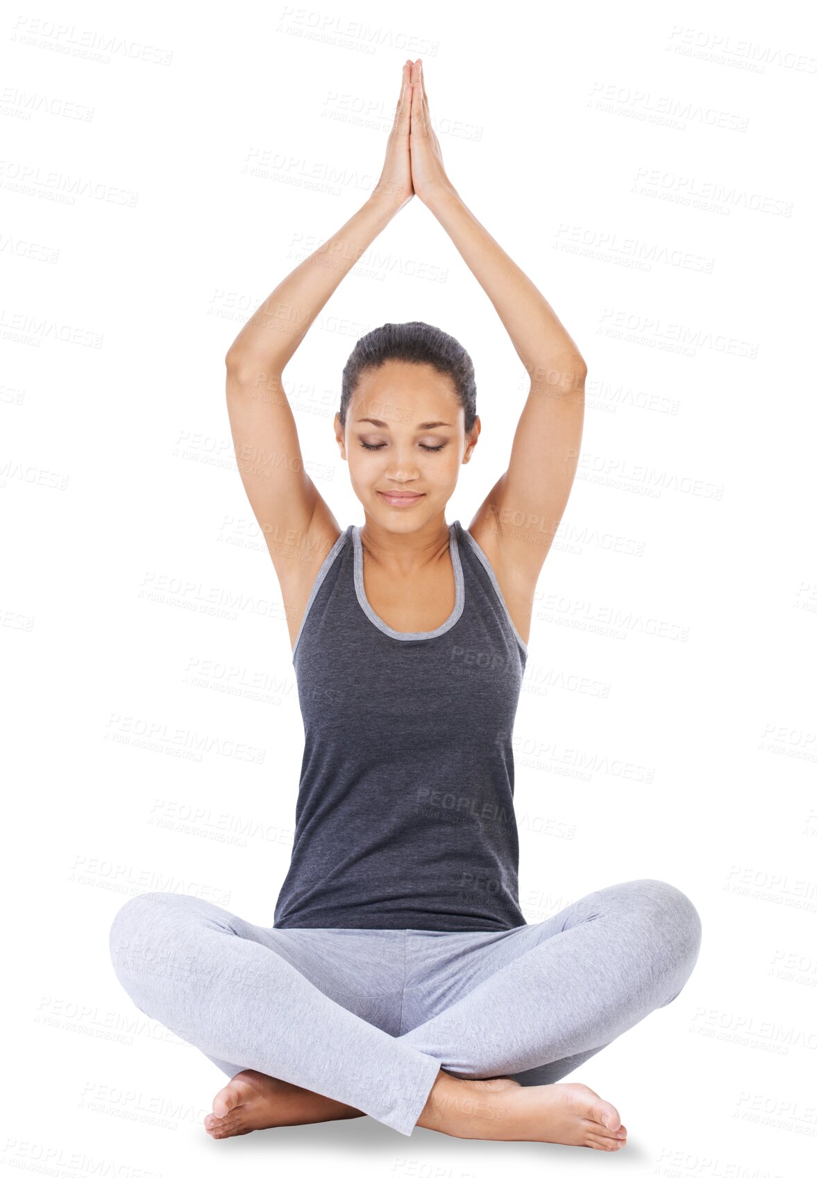 Buy stock photo Happy woman, yoga and relax in meditation for spiritual wellness isolated on a transparent PNG background. Calm female person yogi relaxing in namaste pose for meditating, zen workout or body fitness