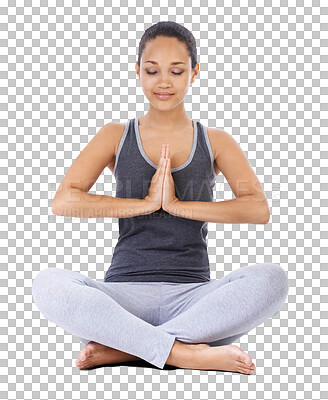 Buy stock photo Calm woman, yoga and relax in meditation for zen or spiritual wellness isolated on a transparent PNG background. Female person yogi mindfulness in namaste pose for health, workout or body fitness