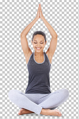 Buy stock photo Happy woman, yoga and zen meditation for spiritual wellness isolated on a transparent PNG background. Calm female person yogi relaxing in namaste pose for meditating, healthy workout or body fitness