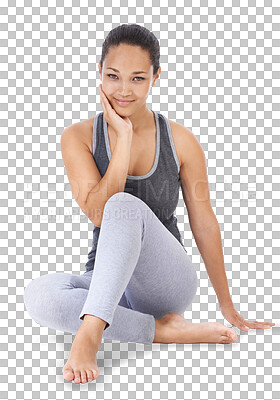 Buy stock photo Fitness, health and portrait of woman on floor on isolated, png and transparent background for wellness. Sports, healthy body and happy female person in gym clothes for exercise, training and workout