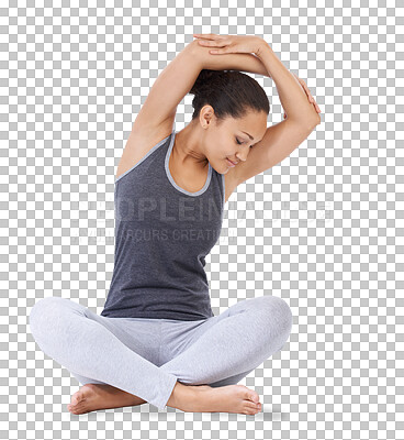 Buy stock photo Calm woman, yoga and stretching body while sitting isolated on a transparent PNG background. Female person or yogi in warm up for health and wellness, zen workout or exercise and training in fitness