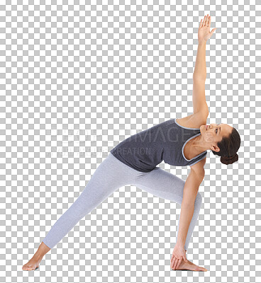 Buy stock photo Woman, yoga and stretching arms in pose for exercise or workout isolated on a transparent PNG background. Female person or yogi in relax and warm up stretch for spiritual wellness or body training