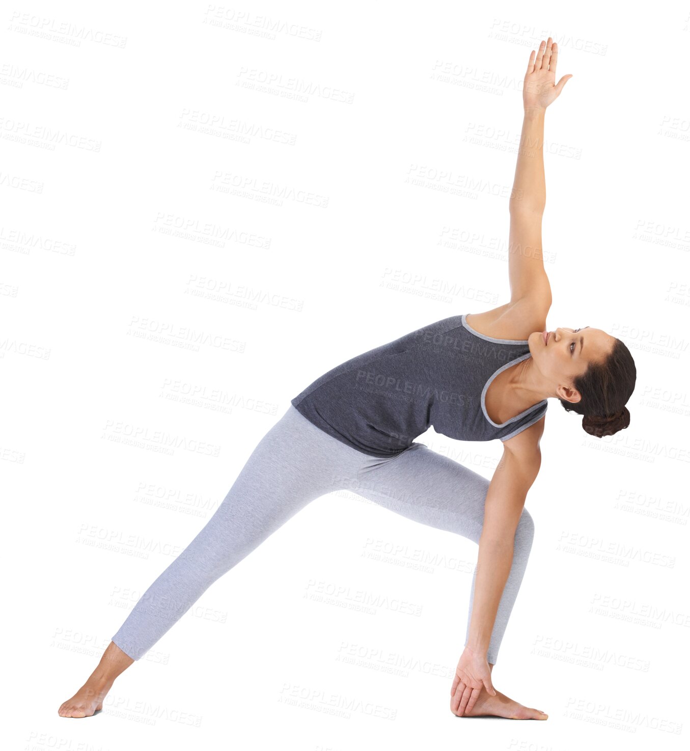 Buy stock photo Woman, yoga and stretching arms in pose for exercise or workout isolated on a transparent PNG background. Female person or yogi in relax and warm up stretch for spiritual wellness or body training