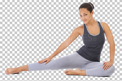 Buy stock photo Woman, portrait and stretching leg in yoga for exercise or workout isolated on a transparent PNG background. Happy female person in body warm up for zen, health and wellness or fitness training