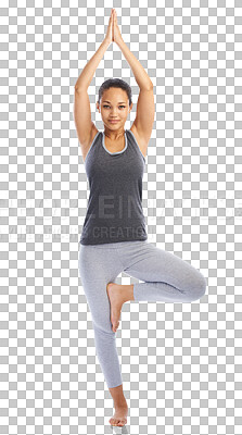 Buy stock photo Happy woman, portrait and yoga in meditation for zen workout isolated on a transparent PNG background. Female person or yogi in balance for spiritual wellness, mind and body training or exercise