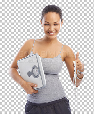 Buy stock photo Fitness, scale and thumbs up with portrait of woman on png for weight loss, workout and health. Diet, measuring tape and wellness with person isolated on transparent background for exercise and sport