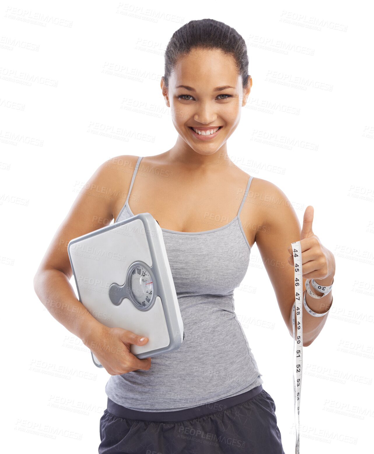 Buy stock photo Fitness, scale and thumbs up with portrait of woman on png for weight loss, workout and health. Diet, measuring tape and wellness with person isolated on transparent background for exercise and sport