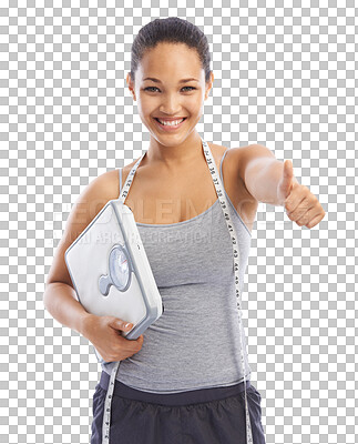 Buy stock photo Happy woman, portrait and thumbs up with scale for lose weight in success isolated on a transparent PNG background. Female person with yes sign or like for healthy body, exercise or fitness workout