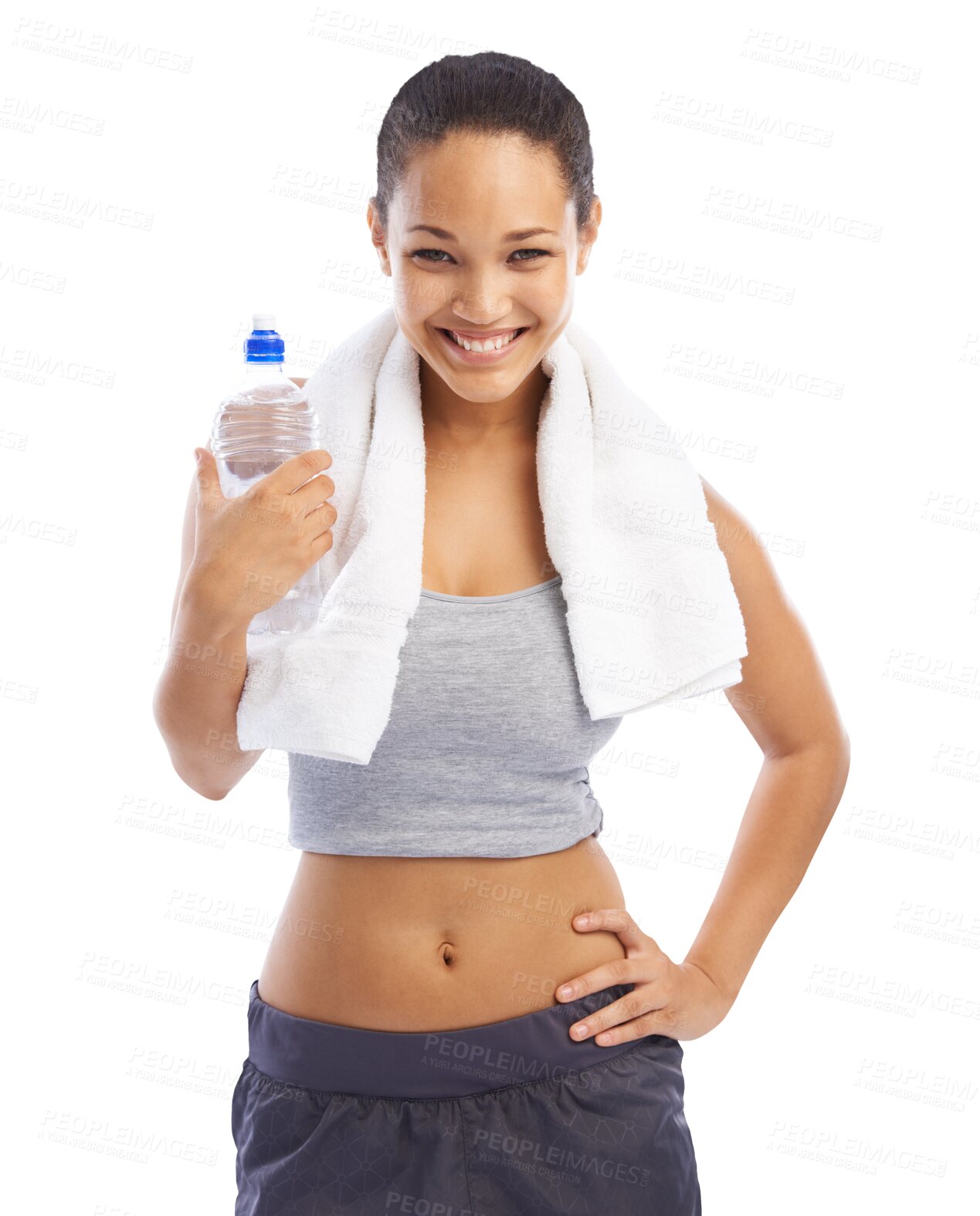 Buy stock photo Fitness, towel and portrait of woman with water on isolated, png and transparent background for wellness. Sports, healthy diet and happy female person with bottle for exercise, training and workout