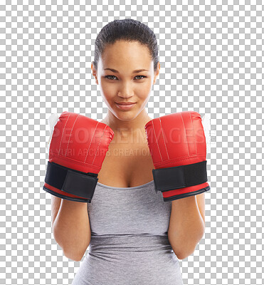 Buy stock photo Sports, boxing and portrait of woman with gloves on isolated, png and transparent background for cardio. Fitness, fight and female boxer with mma gear for exercise, bodybuilder training and workout