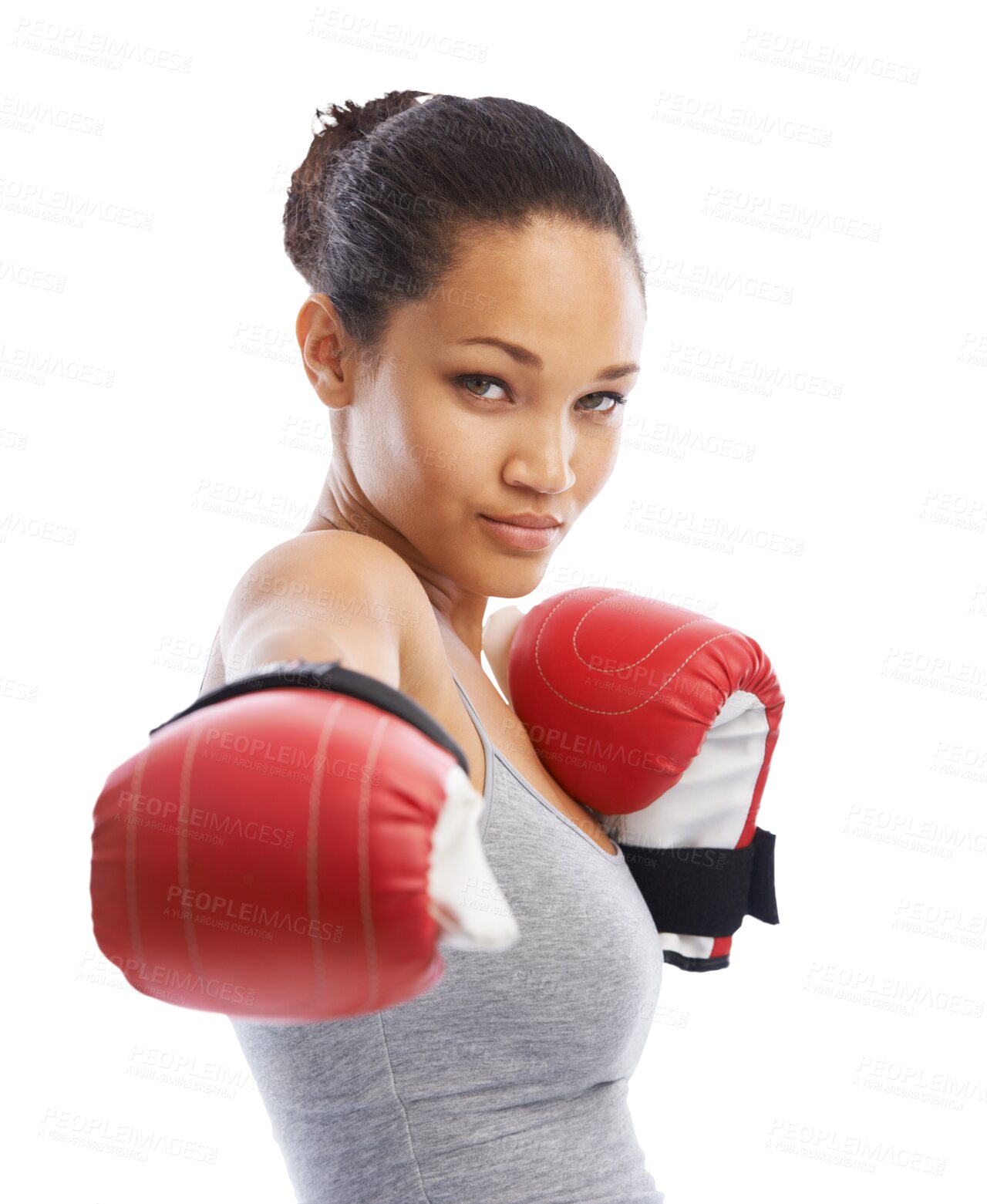 Buy stock photo Fitness, boxing and portrait of woman with gloves on isolated, png and transparent background for cardio. Sports, fighting and female boxer with gear for exercise, bodybuilder training and workout