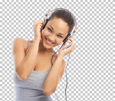 Buy stock photo Happy woman, headphones and listening to music for entertainment isolated on a transparent PNG background. Portrait of female person smile enjoying audio streaming, sound track or radio connection