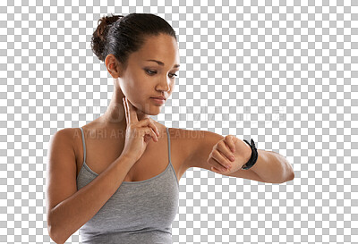 Buy stock photo Woman, sports and check heart rate on watch, timer and monitor health progress isolated on transparent png background. Female athlete, neck pulse and stopwatch for performance, training and fitness
