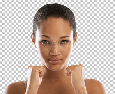 Buy stock photo Fist, fitness and portrait of woman with fight sign on isolated, transparent and png background. Power, hands and face of lady boxer with warning, gesture and mindset for training, exercise or battle