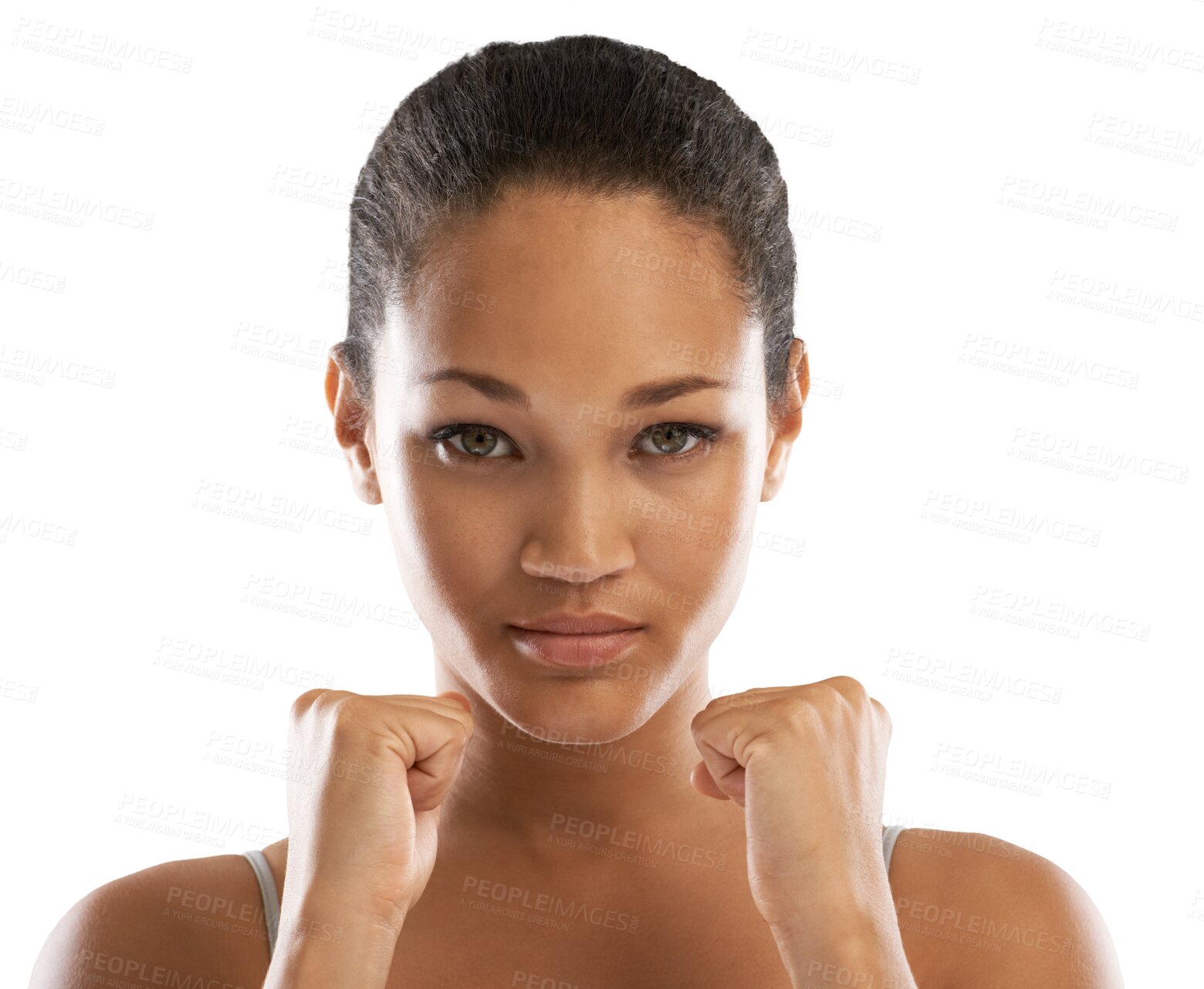 Buy stock photo Fist, fitness and portrait of woman with fight sign on isolated, transparent and png background. Power, hands and face of lady boxer with warning, gesture and mindset for training, exercise or battle