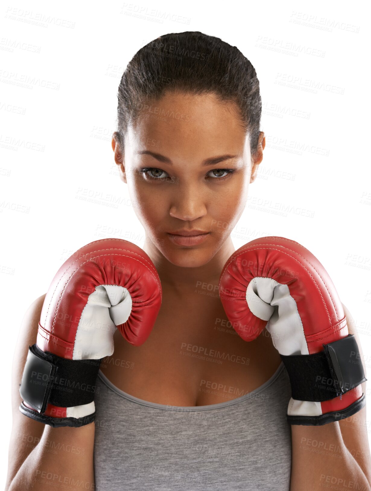 Buy stock photo Boxing, serious woman and portrait with gloves for sports isolated on transparent png background. Face, strong female boxer and fighting for fitness, exercise and power for action, battle or training