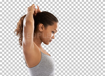 Buy stock photo Fitness, woman and profile stretching arms for workout or exercise isolated on a transparent PNG background. Female person in warm up body stretch in preparation for exercising, activity or training