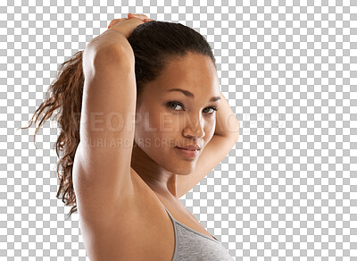 Buy stock photo Fitness, tie hair and portrait of woman on isolated, png and transparent background for wellness. Sports, healthy body and face of female person with hairstyle ready for exercise, training or workout