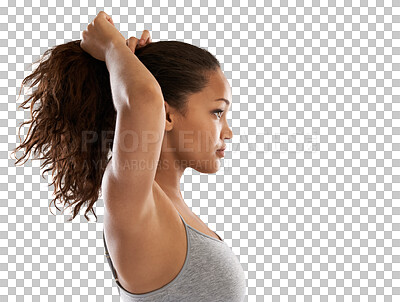 Buy stock photo Fitness, tie hair and face of woman on isolated, png and transparent background for wellness. Sports, healthy body and profile of female person with hairstyle ready for exercise, training or workout