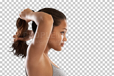 Buy stock photo Sports, start and woman tie hair on isolated, png and transparent background for wellness. Fitness, healthy body and face profile of female person with hairstyle for exercise, training or workout