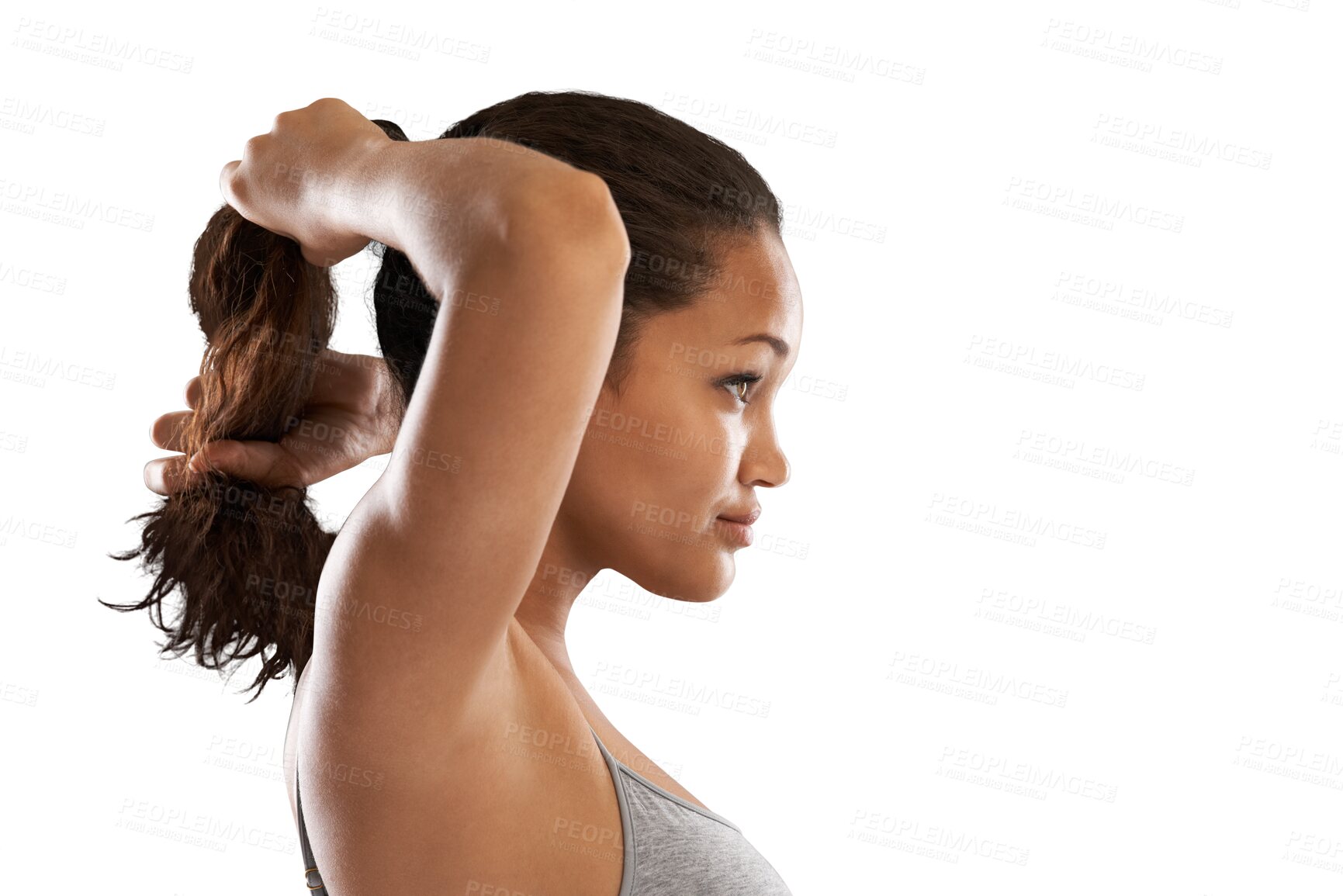 Buy stock photo Sports, start and woman tie hair on isolated, png and transparent background for wellness. Fitness, healthy body and face profile of female person with hairstyle for exercise, training or workout