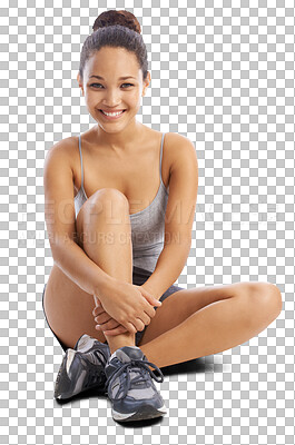 Buy stock photo Fitness, happy and portrait of woman on floor on isolated, png and transparent background for wellness. Sports, healthy body and female person sitting in sportswear for exercise, training and workout