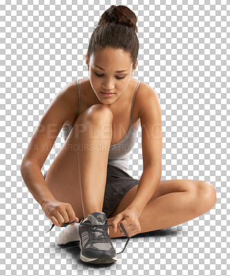 Buy stock photo Lace shoes, sports woman and workout for training, running and isolated on transparent png background. Female athlete, runner and tie sneakers, footwear and exercise of cardio, fitness or competition