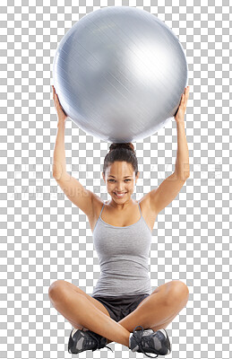 Buy stock photo Exercise ball, gym portrait or happy woman doing fitness workout for body health, core strength and yoga training. Club pilates, happiness and athlete person isolated on transparent, png background