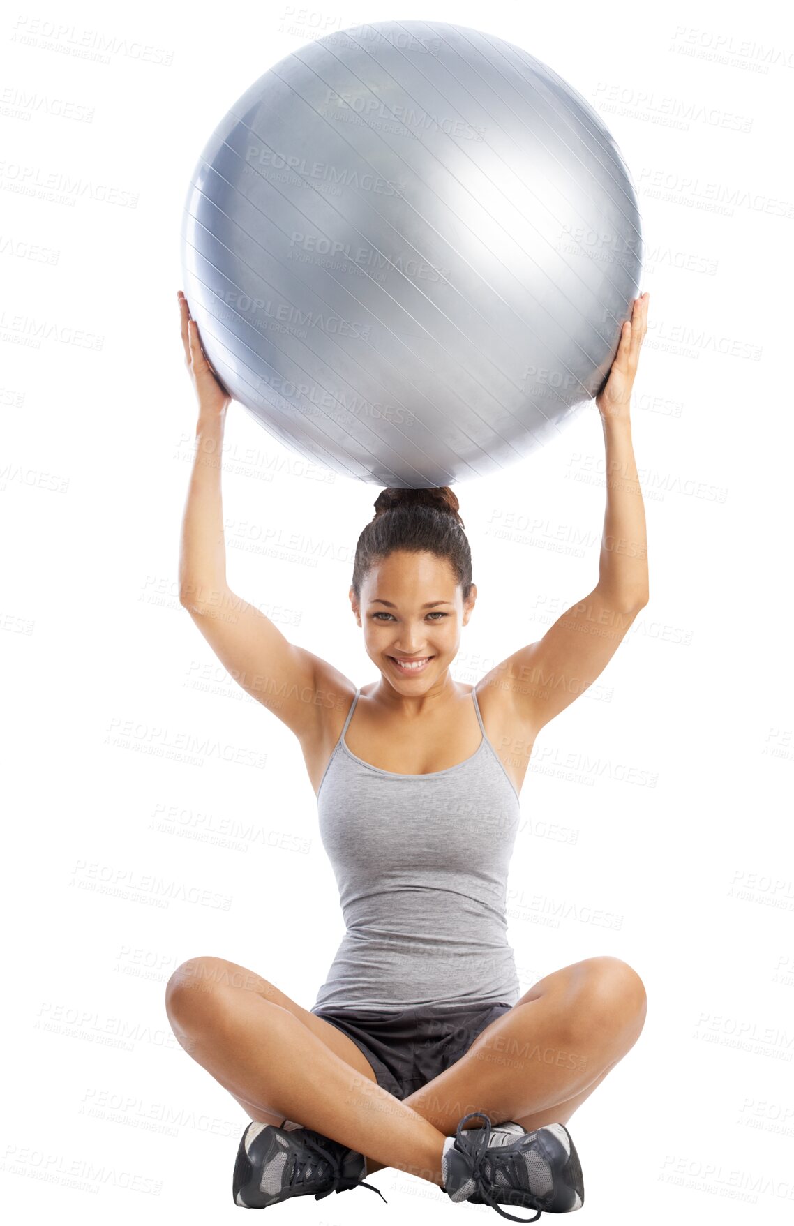 Buy stock photo Exercise ball, gym portrait or happy woman doing fitness workout for body health, core strength and yoga training. Club pilates, happiness and athlete person isolated on transparent, png background