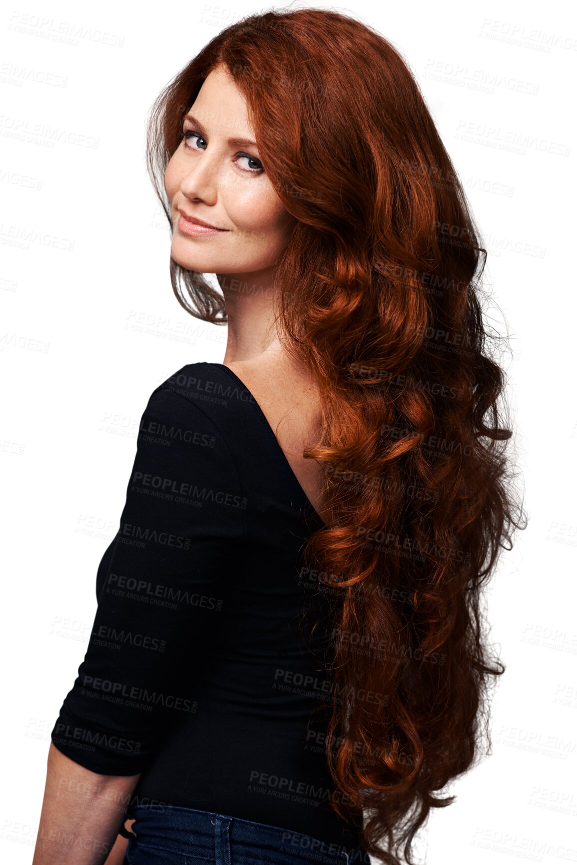 Buy stock photo Portrait, ginger or happy woman with red curly hair, cosmetics shine or soft hairstyle, highlights or extensions. Salon, clean grooming or back of person smile isolated on transparent, png background