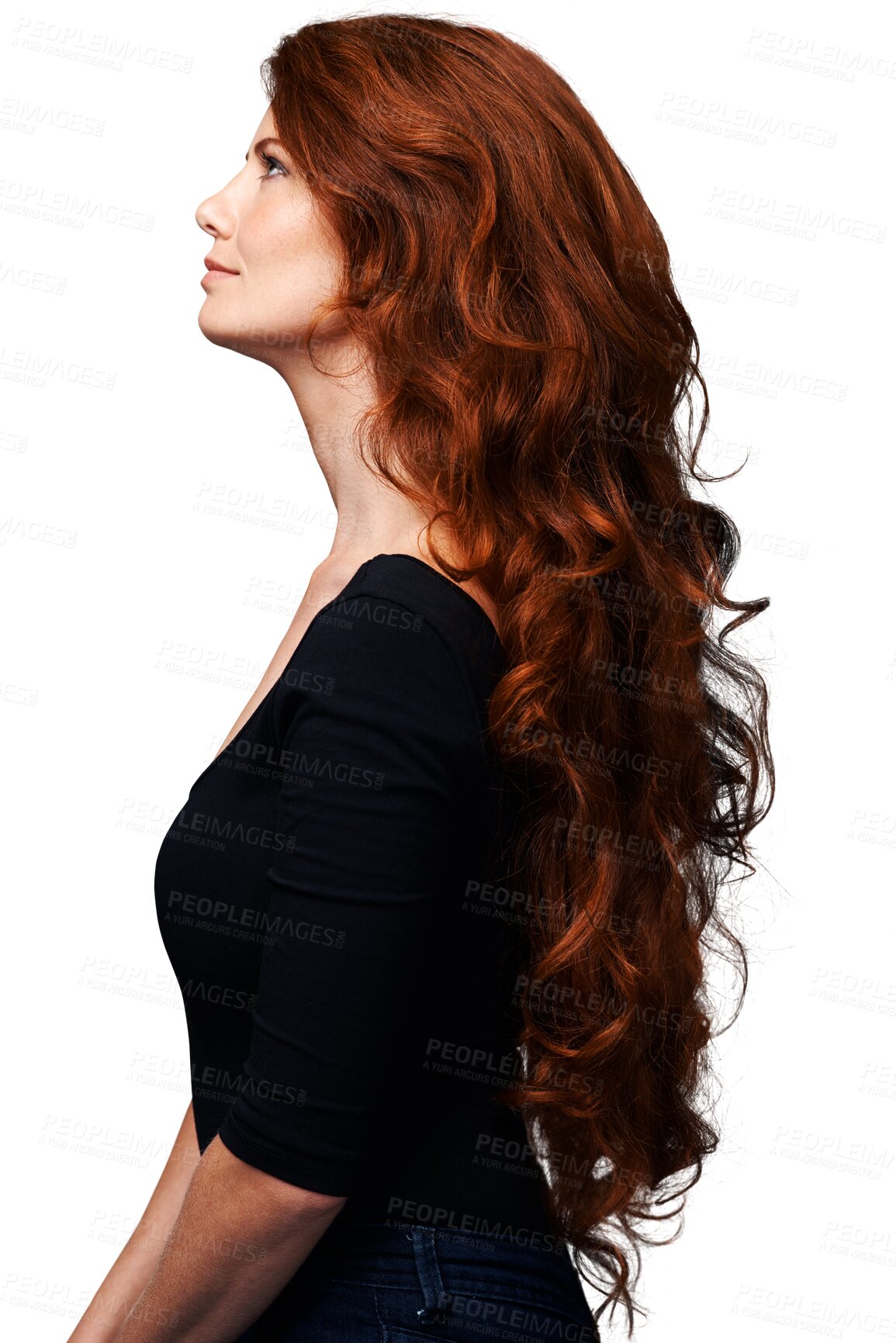 Buy stock photo Profile, ginger and woman with red curly hair, healthy long growth and soft hairstyle, highlights or extensions. Salon transformation, clean and auburn person isolated on transparent, png background