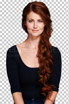 Buy stock photo Woman portrait, long or red curly hair with healthy grooming, clean salon hygiene or hairdressing extensions. Rich ginger hairstyle, wavy spa texture or person isolated on transparent, png background