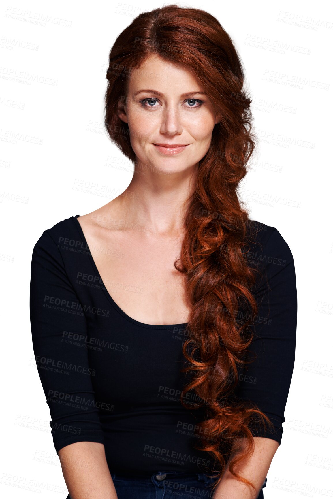 Buy stock photo Woman portrait, long or red curly hair with healthy grooming, clean salon hygiene or hairdressing extensions. Rich ginger hairstyle, wavy spa texture or person isolated on transparent, png background