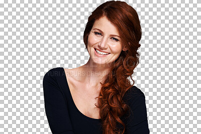 Buy stock photo Beauty, ginger hairstyle and portrait of woman with smile on isolated, png and transparent background. Salon, hair care and face of redhead female model with healthy texture, makeup and cosmetics