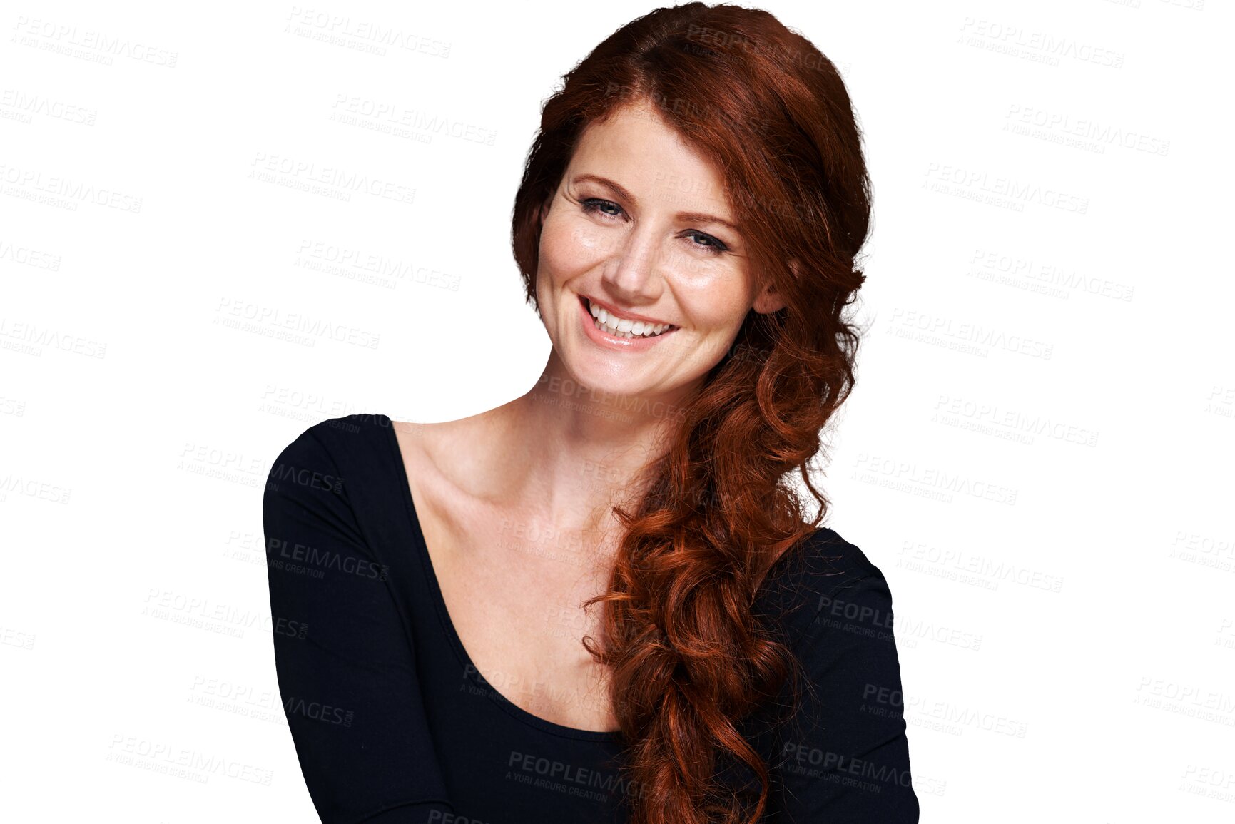 Buy stock photo Beauty, ginger hairstyle and portrait of woman with smile on isolated, png and transparent background. Salon, hair care and face of redhead female model with healthy texture, makeup and cosmetics