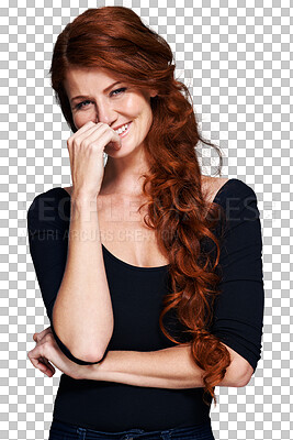 Buy stock photo Happy, ginger hair and portrait of woman with smile on isolated, png and transparent background. Salon, haircare and face of redhead female model with healthy texture, natural beauty and cosmetics