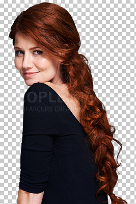 Buy stock photo Salon, ginger hair and portrait of woman with smile on isolated, png and transparent background. Beauty, haircare and face of redhead female model with healthy texture, natural style and cosmetics