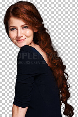 Buy stock photo Beauty, hair style and smile with portrait of woman on png for  red head, cosmetics and salon treatment. Happy, haircare and glow with face of person isolated on transparent background for self care