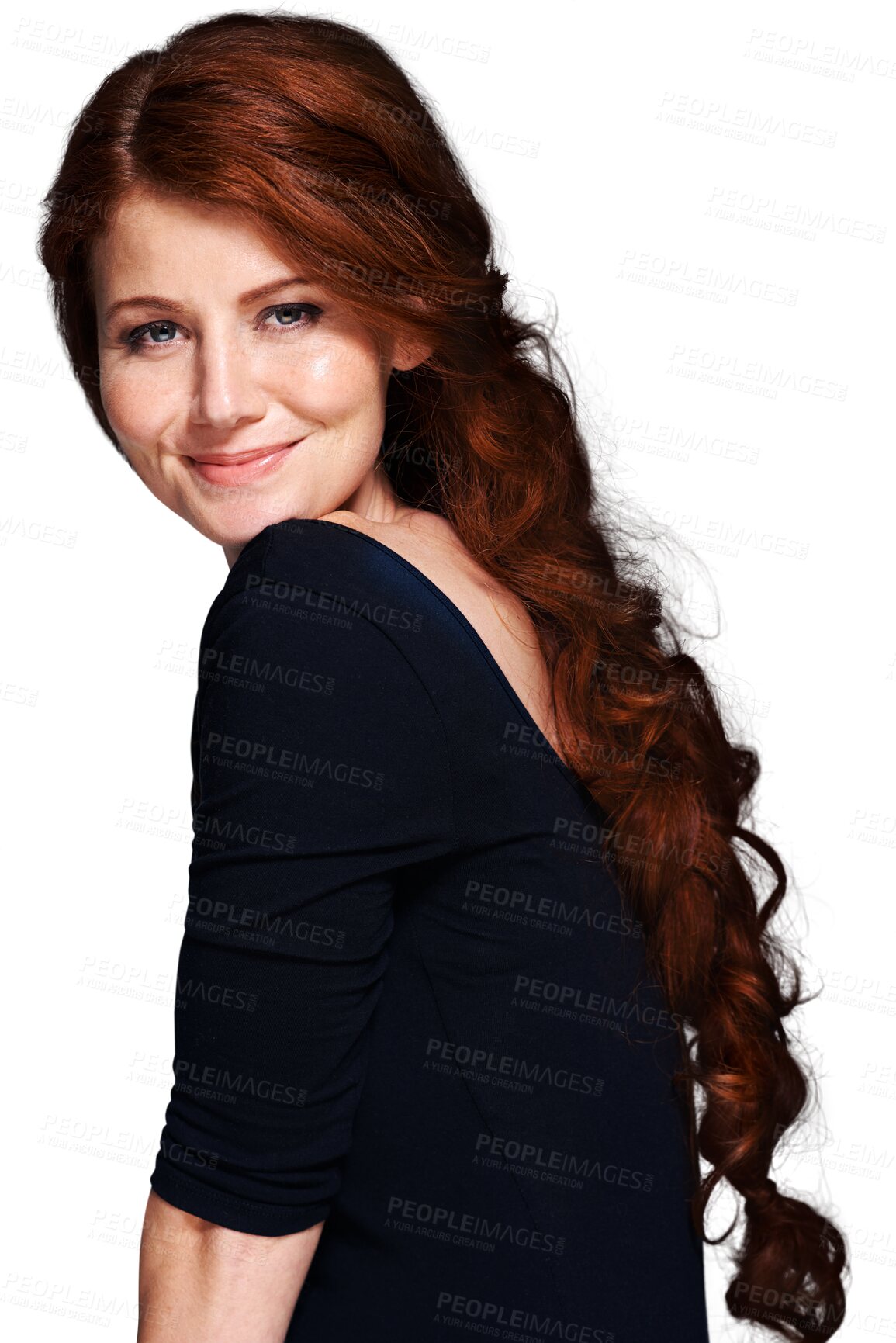 Buy stock photo Beauty, hair style and smile with portrait of woman on png for  red head, cosmetics and salon treatment. Happy, haircare and glow with face of person isolated on transparent background for self care