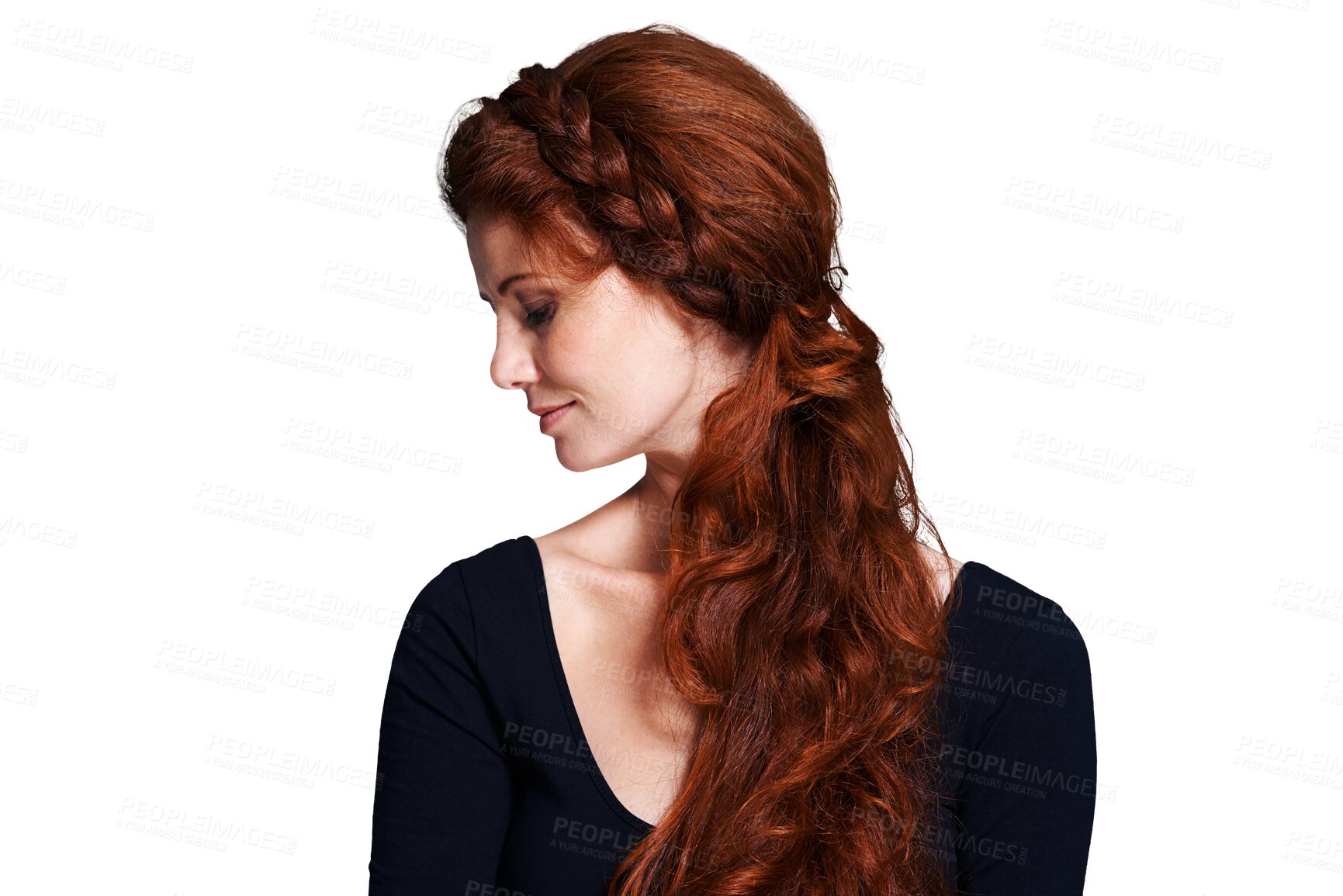 Buy stock photo Beauty, ginger and braid with woman and hair style on png for red head, cosmetics and salon treatment. Makeup, haircare and glow with face of person isolated on transparent background for self care