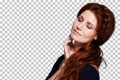 Buy stock photo Beauty, hair style and ginger with face of woman on png for  red head, cosmetics or salon treatment. Makeup, haircare and glow with person isolated on transparent background for self care and shampoo