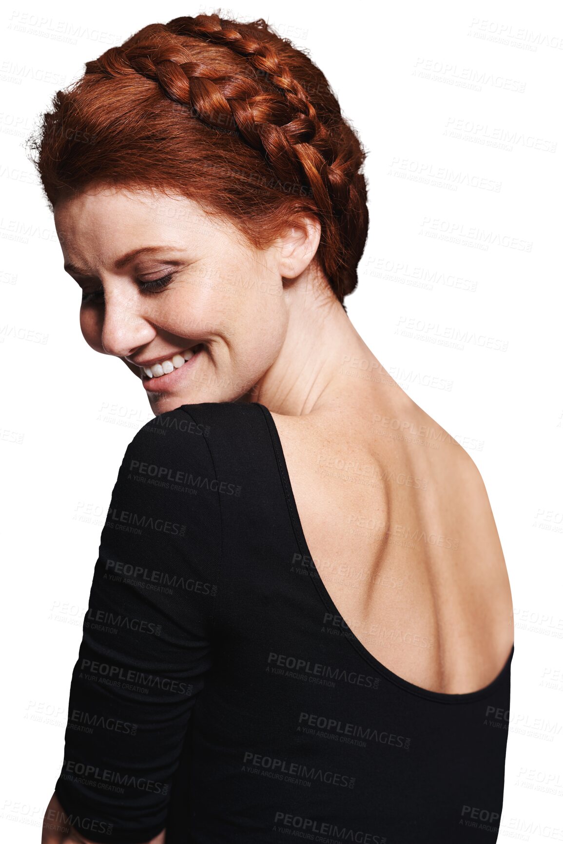 Buy stock photo Beauty, braid and hair care with woman and style on png for makeup, cosmetics and red head. Ginger, hairstyle and salon treatment with person isolated on transparent background for shampoo and trendy