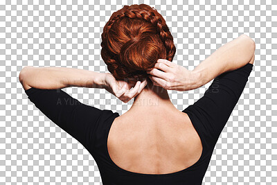 Buy stock photo Beauty, braid and hairstyle with back of woman on png for a ballet dancer, cosmetics and red head. Ginger, hair care and salon treatment with person isolated on transparent background for shampoo