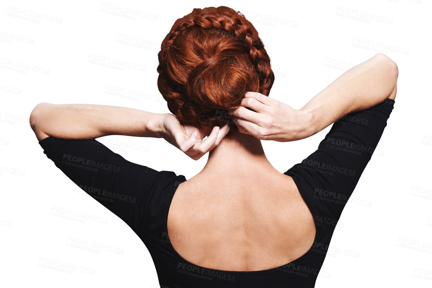 Buy stock photo Beauty, braid and hairstyle with back of woman on png for a ballet dancer, cosmetics and red head. Ginger, hair care and salon treatment with person isolated on transparent background for shampoo