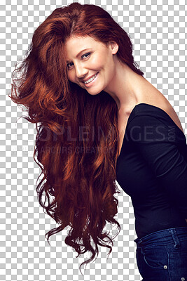 Buy stock photo Portrait, wavy and happy woman with red long hair, healthy texture growth and shine, highlights or extensions care. Salon transformation, hairstyle and person isolated on transparent, png background