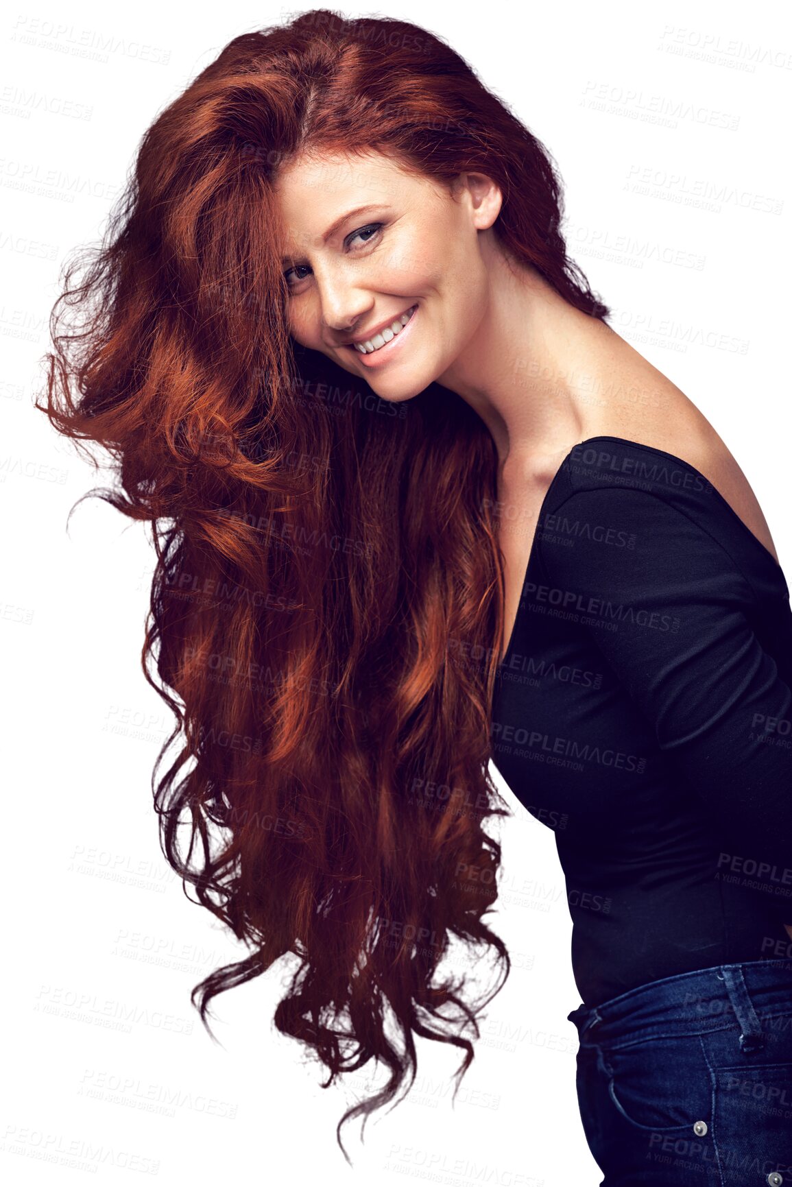 Buy stock photo Portrait, wavy and happy woman with red long hair, healthy texture growth and shine, highlights or extensions care. Salon transformation, hairstyle and person isolated on transparent, png background